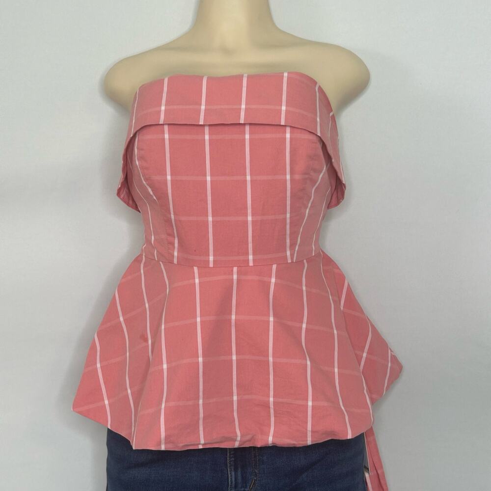 7th Avenue Pink Strapless Peplum Top Tie Waist Cotton Blouse S feminine chic